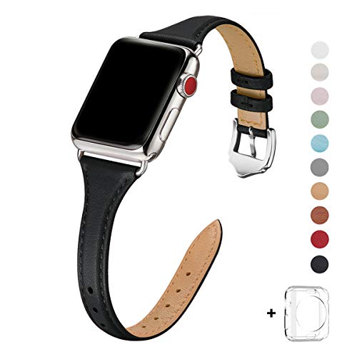 WFEAGL Leather Bands Compatible with Apple Watch 38mm 40mm 42mm 44mm, Top Grain Leather Band Slim & Thin Wristband for iWatch Series 5 & Series 4/3/2/1 (Black Band+Silver Adapter, 38mm 40mm)