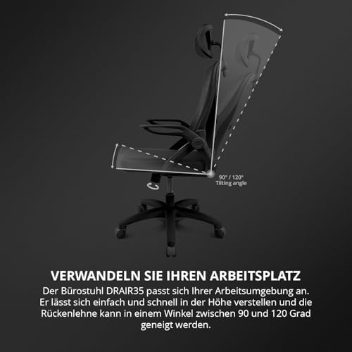 DRAIR35 - Gaming-Stuhl, hochwertiges gespanntes Netz und verstärktes Polymer, Latexsitz, gepolsterte Armlehnen, Kolbenklasse 3, drehbar, verstellbar, schwarz.
