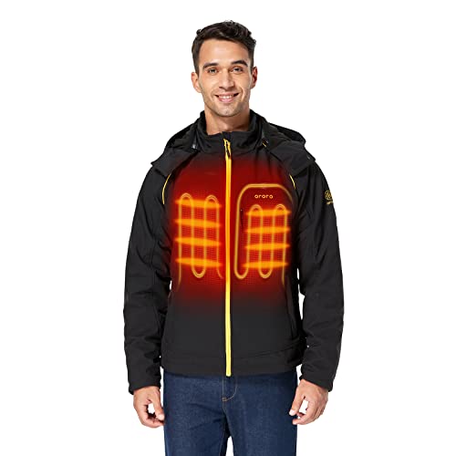 ORORO Men's Soft Shell Heated Jacket with Detachable Hood and Battery Pack (Black/Gold, M