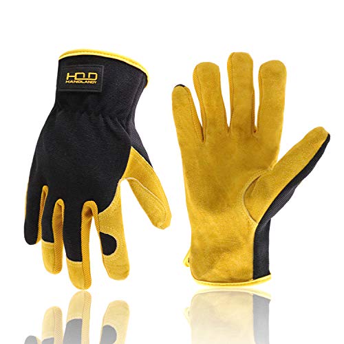 HANDLANDY Work Gloves for Men Women, Utility Leather Gardening Gloves - Safety Working Gloves Cowhide Dexterity & Breathable Design (XXL, Yellow