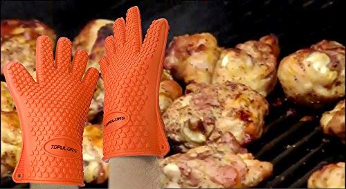 TOPULORS BBQ Grilling Gloves Oven Mitts Gloves for Cooking Baking Barbecue Potholder（Orange） - Thumbnail 6