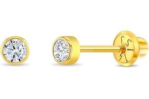 IN SEASON JEWELRY 14k Yellow Gold Tiny 3mm Bezel Set Cubic Zirconia Simulated Birthstone Screw Back Earrings for Babies & Toddlers - Cute Birth Month Stud Baby Earrings with Safety Screw Backs