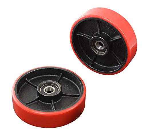 Pallet Jack/Truck Full Set RED with Back Axle, Steering Wheels 7"x 2" Pair, Front Load Roller 2.75" x 3.75" Pair with Bearings ID 20mm Poly Tread Red with Entry Exit Roller and Protective Caps