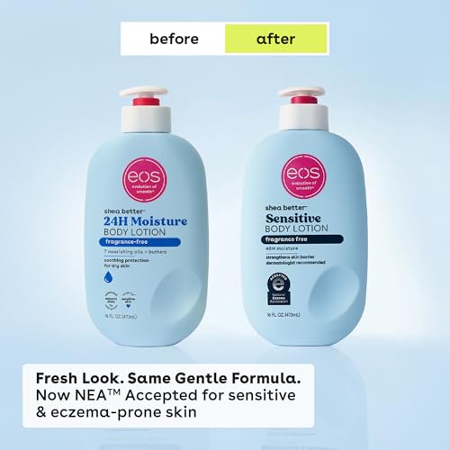 EOS SHEA BETTER SENSITIVE SKIN BODY LOTION, 48-HOUR MOISTURE SKIN CARE, FOR DRY SKIN, FRAGRANCE FREE BODY LOTION, ECZEMA LOTION, VEGAN, 16 FL OZ (PACKAGING MAY VARY)
