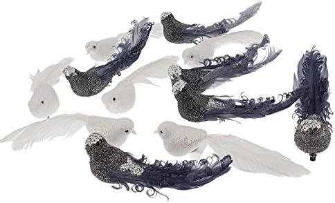 Elegant Christmas Holiday Glitter & Sequins Bird Ornaments With Real Tail Feathers & Attached Metal Clips, Silver, White, Medium, Pack of 12, 6.5" x 2" x 1.5"