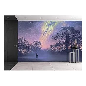 Illustration - Man Standing Against The Milky Way Above Silhouetted Trees,Night Sky,Scenery Illustration - Removable Wall Mural | Self-Adhesive Large Wallpaper - 66x96 inches