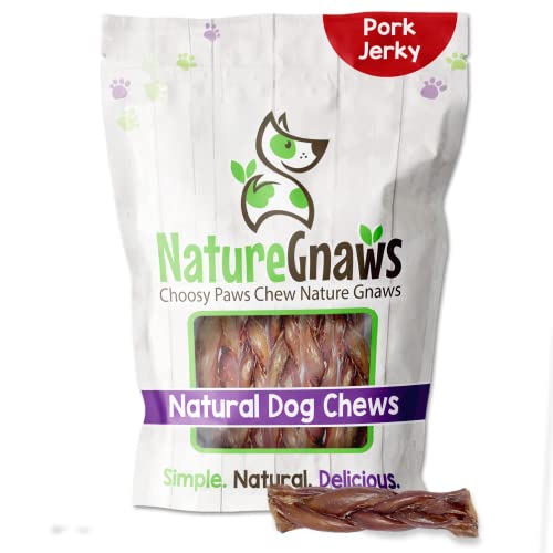 NATURE GNAWS BRAIDED PORK JERKY STICKS FOR DOGS – PREMIUM NATURAL DOG CHEW TREATS – RAWHIDE FREE DENTAL BONES – LONG LASTING TRAINING REWARD TREAT