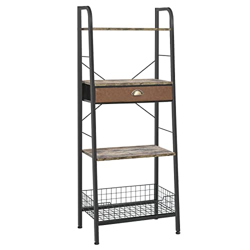 4 Tier Ladder Bookshelf with Drawer, Industrial Freestanding Ladder