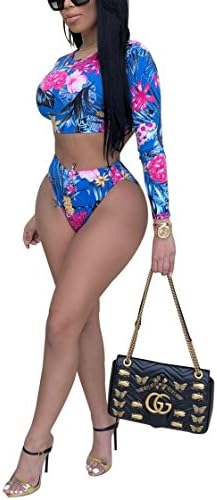 Fashion Cluster Womens Summer Long Sleeve African Print Two Piece Beach Swimsuit Push Up Padded Bikini Swimwear Bathing Monokini Suit Blue M