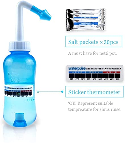 Waterpulse Neti Pot Sinus Rinsing,Nasal Wash Bottle Sinus Rinsing Bottle Cleaner Pressure Irrigation Neti-Pot with Sticker Thermometer for Adult & Kid (300ml with 30 Nasal Wash Salt Packets,Blue)