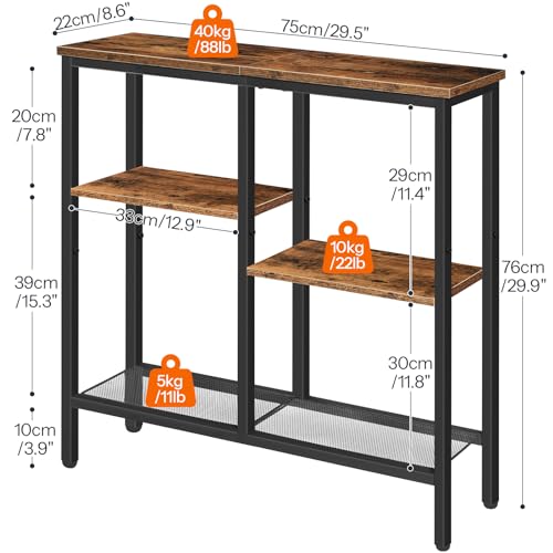 HOOBRO Narrow Console Table with Storage, 75cm Entryway Table with 4 Tier Storage Shelf, Industrial Hallway Table with Metal Frame, Sofa Table for Hallway, Living Room,Bedroom, Rustic Brown EBF79XG01