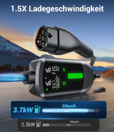 Type 2 Charging Cable Schuko 3.7 kW - 7 m | 6-16 A | 1-Phase Portable Charging Cable Car, Adjustable Charging Power, Setting Start Time, LCD Display, IP65 Waterproof, for All EVs (IEC 62196-2) & PHEVS
