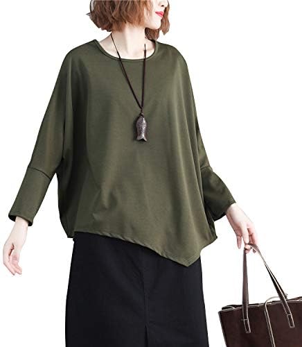 Amazon レディース Tシャツ アシンメトリー 長袖 ゆったり ドルマンスリーブ カジュアル きれいめ グリーン Tシャツ カットソー 通販