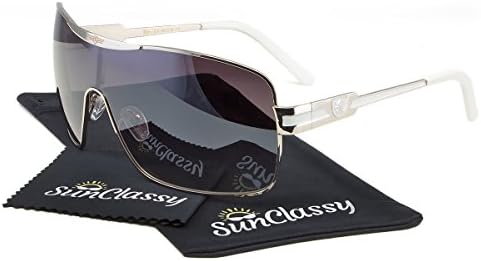 Sunclassy Sport Shield Large Aviator Metal Frame Sunglasses Wrap Around Driving Square Frame Fashion uv400 Block UVA UVB UVC (Silver White)