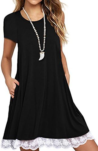 Sanifer Women's Short Sleeve Lace Tunic Dress Summer T-Shirt Dress with Pockets (Medium, Black)