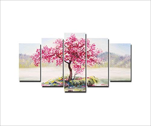 Mad Masters Landscape, Oriental Cherry Tree, Sakura on The Lake Wall Hangings with Frame Oil Painting for Home Decor (Vinyl, 173 x 84 cm, Multicolour) - Pack of 5