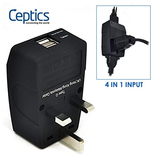 Ceptics GP4-7 2 USB UK Travel Adapter 4 in 1 Power Plug (Type G) - Universal Socket