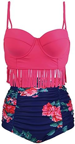 Yzan Women's Floral Printed High Waisted Padded Tassel Bikini Push Up Swimsuit,Rose Red,Medium