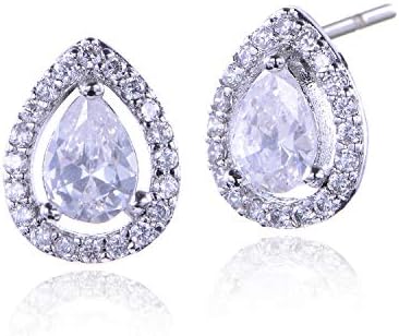 Silver Teardrop Stud Earrings Women's Princess Cut CZ Stud