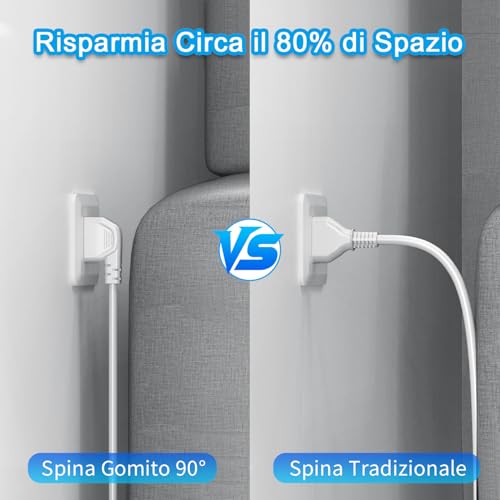 TOPREK Electrical Power Strip with 4 Universal Sockets ITA 10/16A and Schuko and 2 USB C and 2 USB A, 2 Metres 90° Elbow Plug, 4000W/16A, Multi Socket with Switch (Equipped with 2 Plastic Ties)