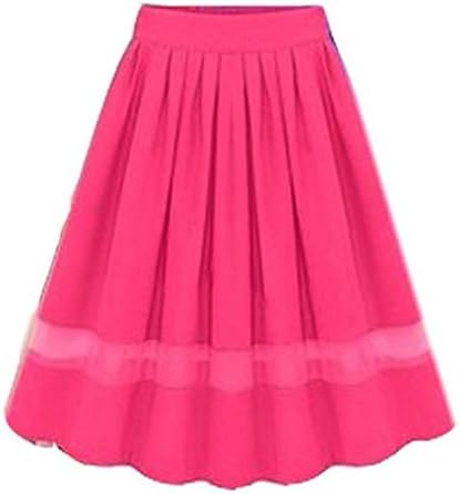 HN Women Girl Stretch High Waist Plain Flared Pleated Long Maxi Skirt Dress (Red)