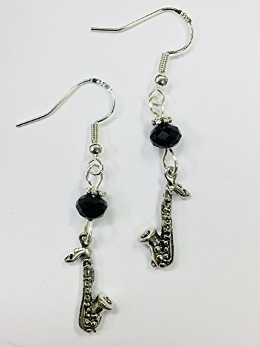 Saxophone Musician Earrings with jet crystal faceted accent beads, on sterling silver earwires