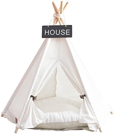 Pet Supplies White Pet Teepee and Kennels Dog Play House Play Tent Cat Bed 5 Pine Poles Middle (With Cushion)-24Inch