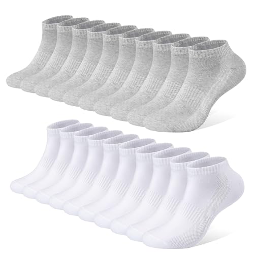 Falary Socken Sneaker Herren 43-46 Sneaker Socken Herren Damen Sportsocken 10Paar Atmungsaktives Laufsocken Baumwollsocken Kurze Halbsocken 43-46 Weiß Grau