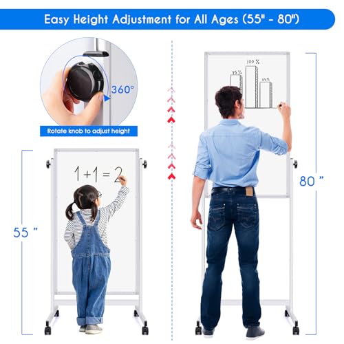 Maxtek Rolling Whiteboards, 48x24 Inches Magnetic Dry Erase White Board on Wheels, Double Side White Board Height Adjustable Standing Easel, Aluminum Frame for Home, School, Office