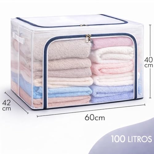 Caixa Organizadora Impermeavel Premium Organizador de Roupas Cobertas Edredons com Ziper Duplo 24, 66 e 100 Litros, Dobravel Empilhavel Estrutura Reforcada Transparente Closet Guarda Roupas 100 Litros