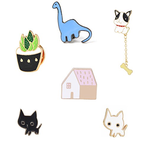 Lemoo Cute Enamel Lapel Pin Sets Carton Animal Brooch Pin (Dinosaur Dog Cat Set of 6)