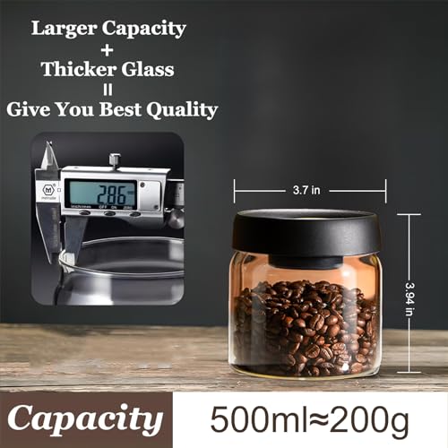 Coffee Bean Storage Container, Vacuum Glass Jar with Airtight Lid, Food Storage Containers - Perfect for Coffee Beans, Tea, Sugar, Candy, Spices, Rice (500ml/16.9 Ounces)