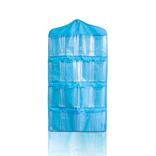 Wall Hanging Bag 16 Pockets Hanging Pouch Closet Holder Storage Organizer, Multilayer Hanging Storage Bag Case Organizer Pouch for Socks, Pants, Underwear, Small items etc. (Blue)