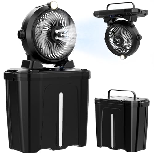 Portable Misting Fan with 11L Large Bucket, 20000mAh USB Rechargeable Battery Operated Camping Fans, 3 Large Spray Nozzles & 3 Strong Wind Speeds Misting Fan, Misting Fans for Outside