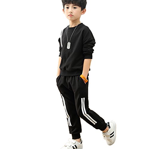 OnlyAngel Kids Boys Two Striped Printed Sweatsuits Crew Neck Top and Elastic Waist Pant Clothing Sets Age 4-12 (9-10 Years, Black) - Thumbnail 2