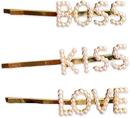 Set of 3: BOSS, KISS and LOVE Pearl Gold Plated Hair Pin Accessory