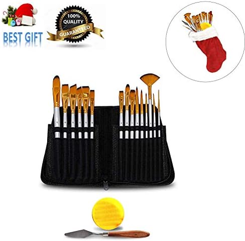 Artist Paint Brush Set,15 Different Shapes & Sizes – Free Painting Knife & Watercolor Sponge – No Shed Bristles – Wood Handles – for Body Paint, Acrylics & Oil(Silvery)