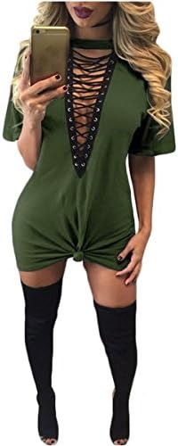 Women's Sexy Lace up T Shirt Halter V Neck Club Dresses Green XL