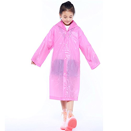 Kids Raincoat, 1PC Portable Reusable Hooded Jacket Outerwear Rainsuit Rain Poncho Cover Rain Wear for Boy Girls 6-12 T Pink