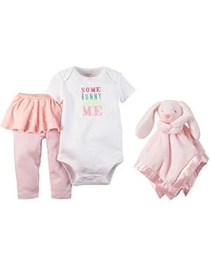 Baby Girl's Easter Outfit With Bunny Security Blanket Set