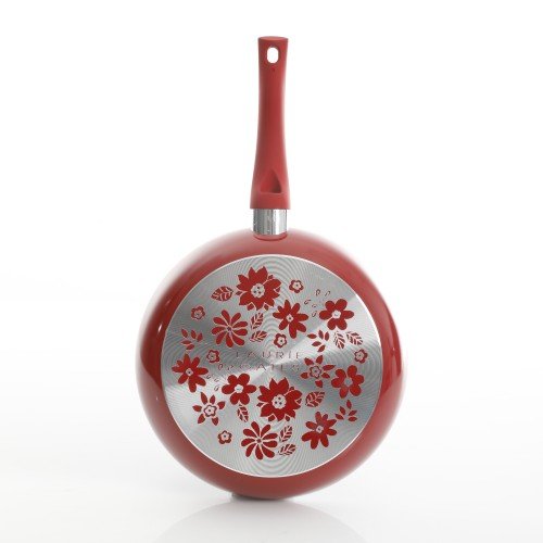 Click Here to See More Images Frying Pan by Laurie Gates 10 inch Non stick pan with special coated handle debossed bottom pattern, Daisie Collection, Red