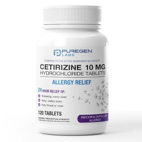 Puregen Labs 24-Hour Allergy Relief, Cetirizine 10mg 120 Tablets – 24 Hour Non-Drowsy Antihistamine Allergy Medicine for Runny Nose, Sneezing, Itchy, Watery Eyes
