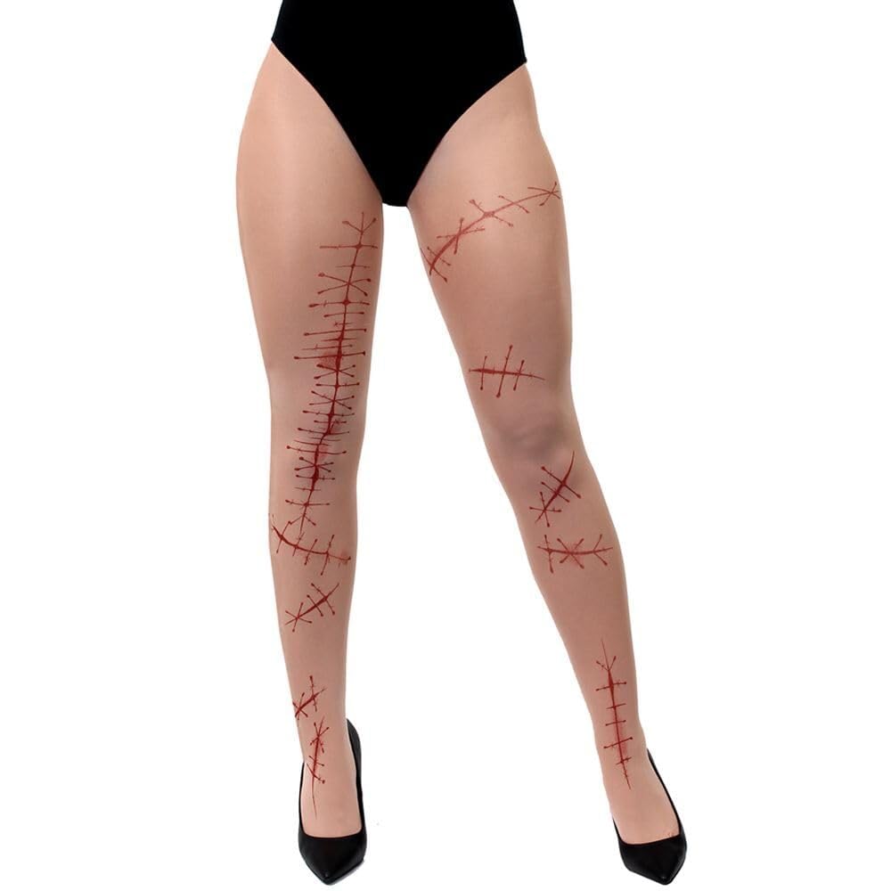 Bloody Stitched Halloween Tights - Pair of Nude Tights with Red Stitch Pattern - Adults Womens Ladies Spooky Scary Halloween Trick or Treat Fancy Dress Costume Accessory