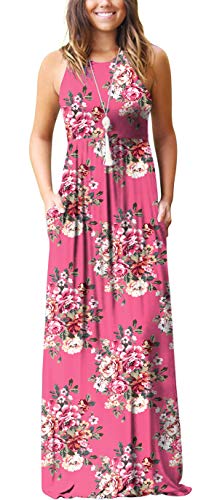 GRECERELLE Women's Sleeveless Racerback Loose Plain Maxi Dress Floral Print Casual Long Dresses with Pockets Round Flower Rose Red-S