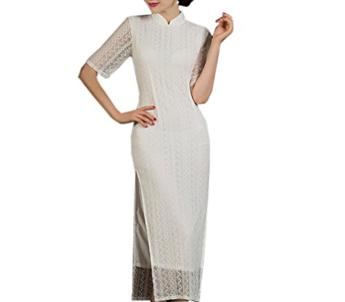XueXian(TM) Women's Hallow Out Layers Prom Party Wedding Dress Qipao Long Cheongsam White