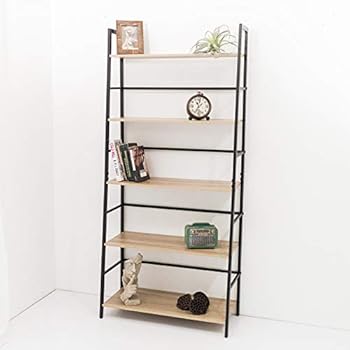 C-Hopetree Ladder Bookcase Bookshelf Storage Shelf Vintage Industrial Plant Display Stand Rack Shelving, Home Office Accent Furniture, Black Metal Frame, 5 Tier Wide