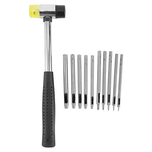 YAEGARDEN11 조각 가죽 홀 펀치 설정이 포함됩 0.5MM-5MM 라운드 빈 홀 펀치 도구 및 듀얼 머리 플라스틱 및 고무 망치에 대한 틈막이 가죽 벨트 시계 밴드 카우보이모자 가죽 작업 도구