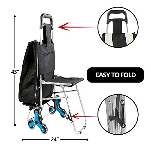 Besthls Trolley Dolly with Seat,Stair Climbing Multipurpose Folding Shopping Grocery Cart Utility Cart,Black