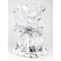 Saybrook Products Silver Stars Cellophane Treat/Party Favor Bags with Twist-Tie Organza Bow. Set of 10 Gusseted 11x5x3 Goodie Bags with Bows, Silver/Clear