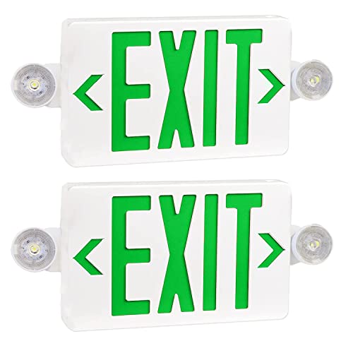 2 Pack Green LED Exit Sign With Emergency Lights, Two LED Adjustable